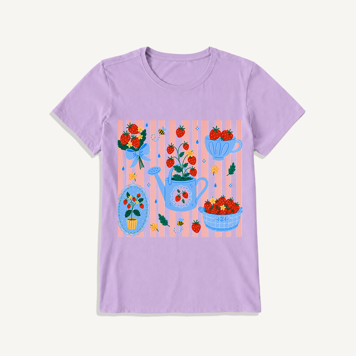 Strawberry Garden Harvest Print Crew Neck Cotton Tee