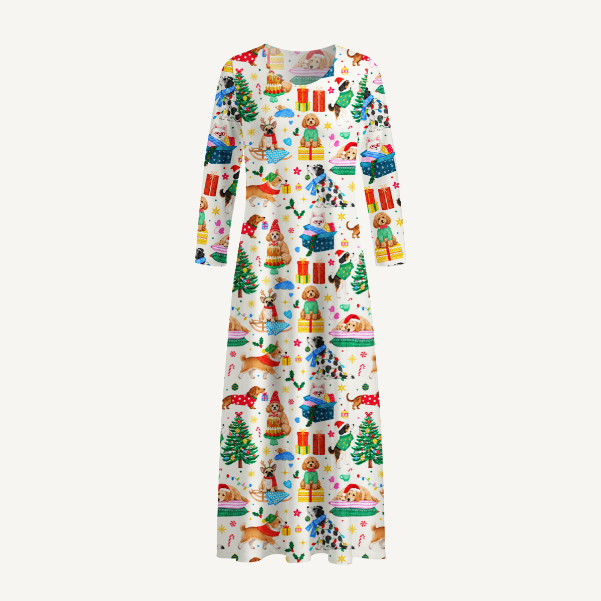 Christmas Dogs & Gifts Print Soft-Touch Stretch Knit Long Sleeve Maxi Dress with Pockets Sale