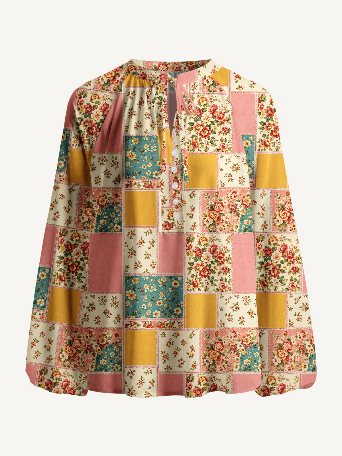 Vintage Pink and Teal Floral Patchwork Print Boho Long Sleeve Tie‑Neck Blouse