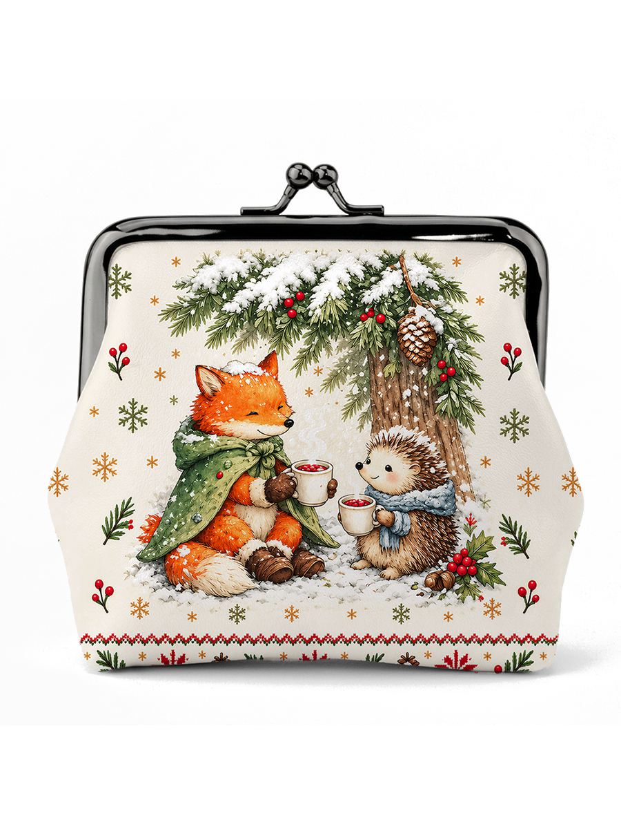 Cozy Winter Fox & Hedgehog Print Leather Mini Clasp Purse