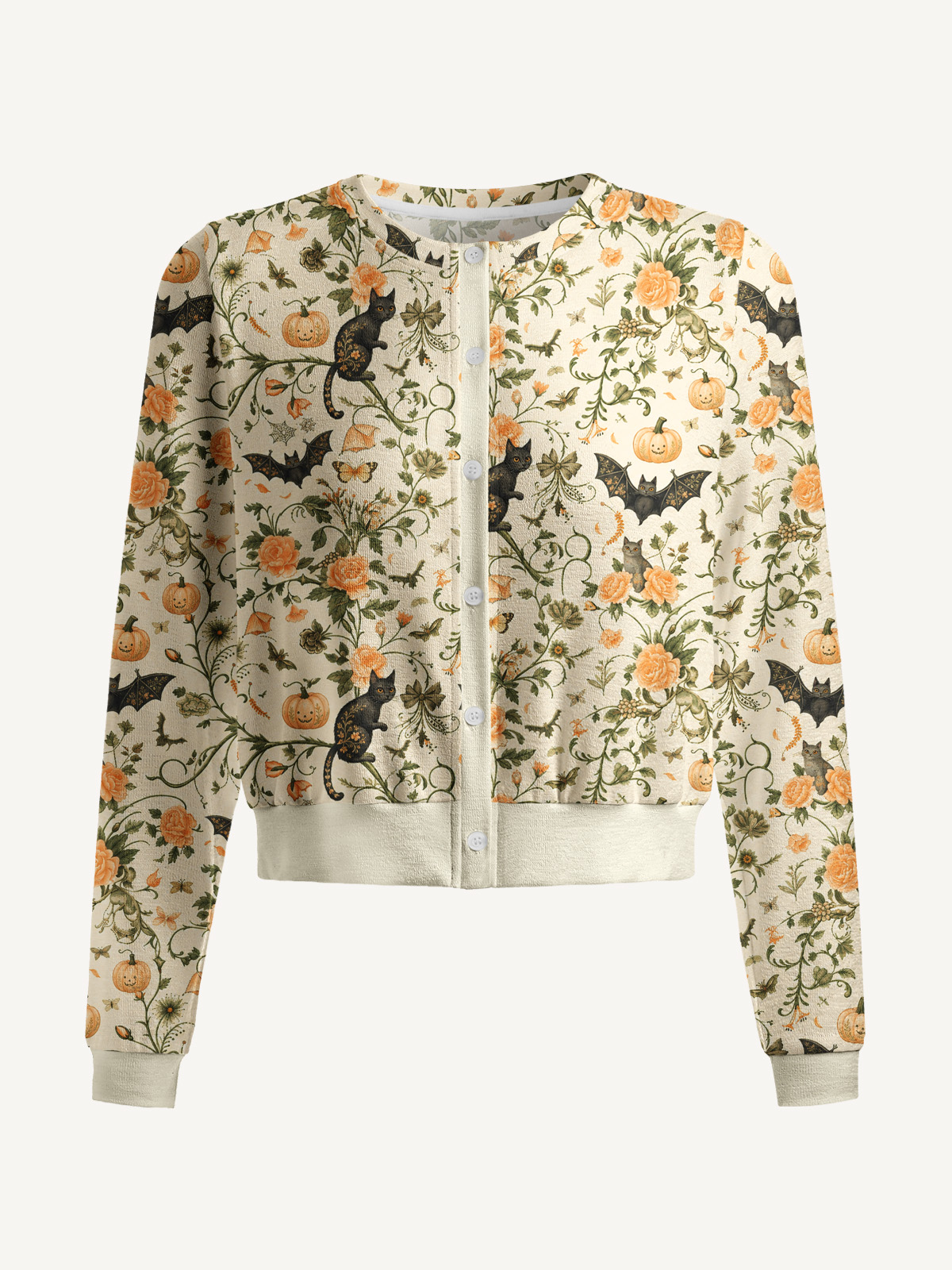 Lightweight Crew Neck Long‑Sleeve Cropped Pastoral Pumpkin Cat Print Fine‑Knit Cardigan