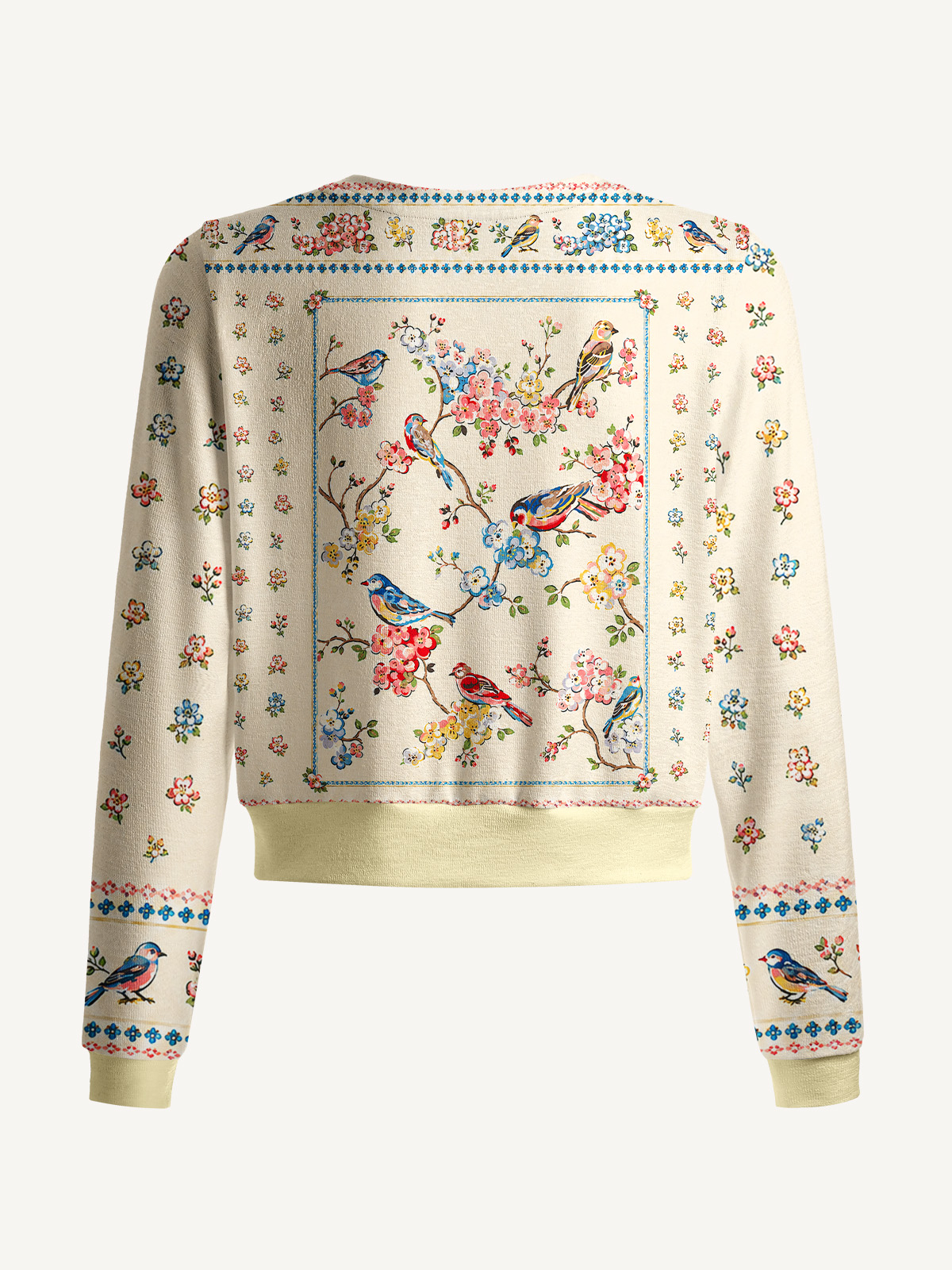 Vintage Floral Songbirds Print Fine‑Knit Cardigan