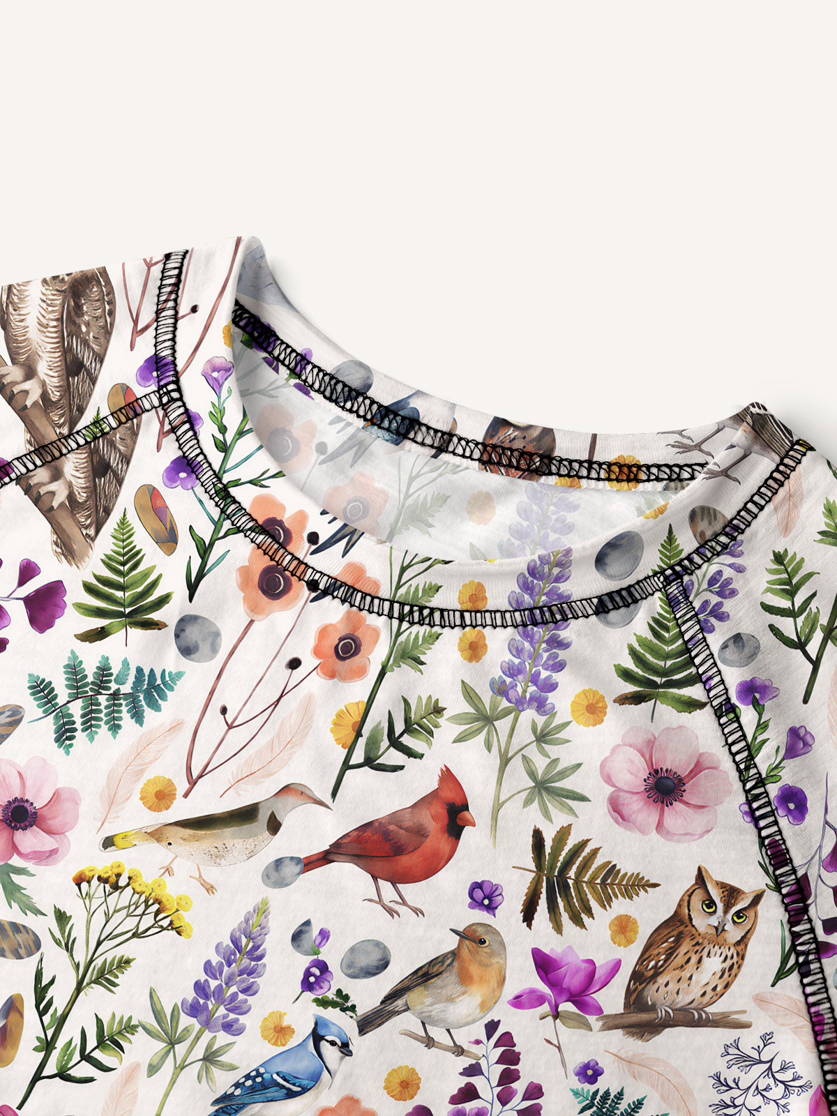 Whimsical Woodland Birds Wildflowers All-Over Print Cotton Raglan Long Sleeve Top
