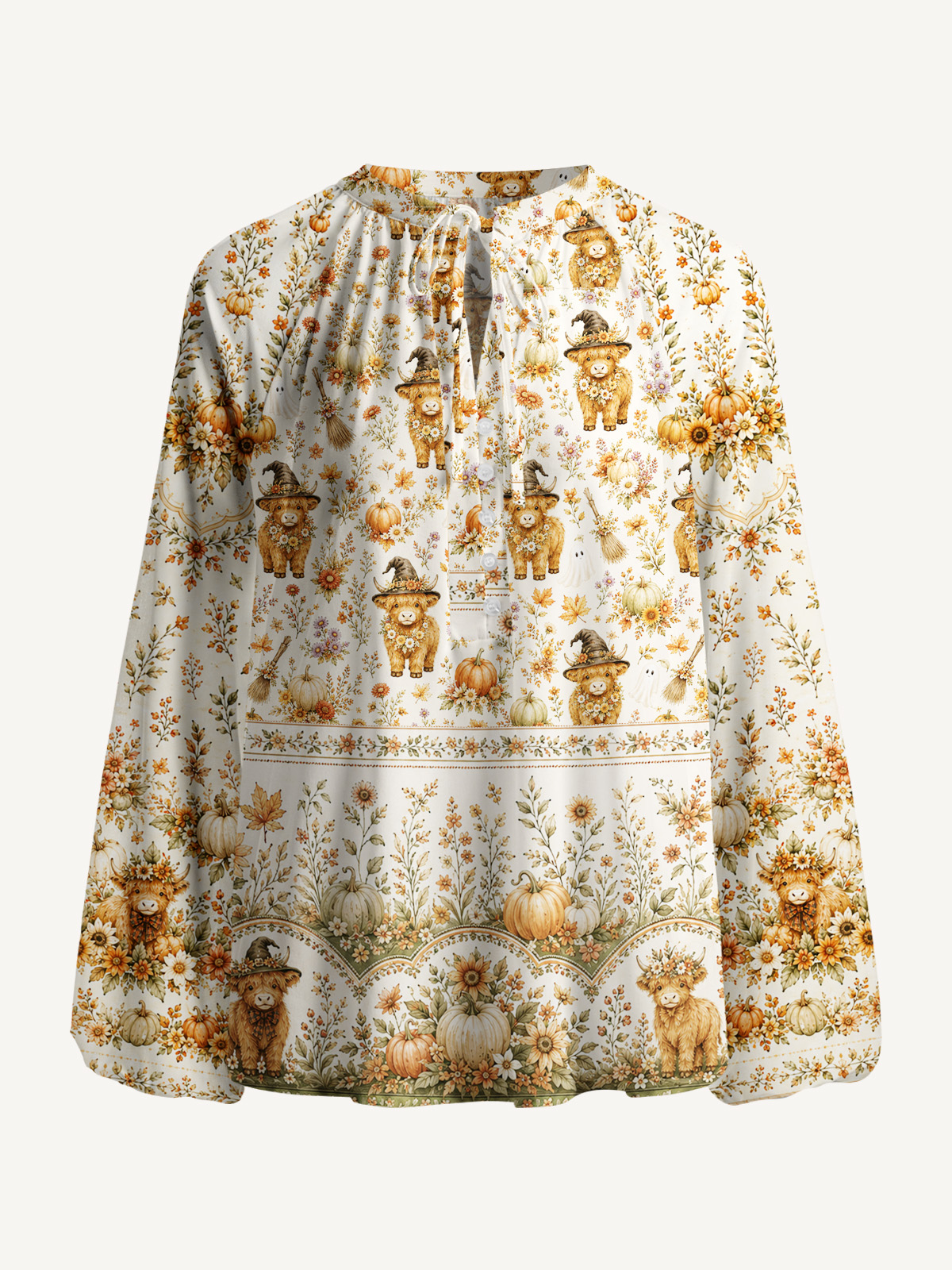 Autumn Pumpkin Patch Highland Cow Print Boho Long Sleeve Tie‑Neck Blouse