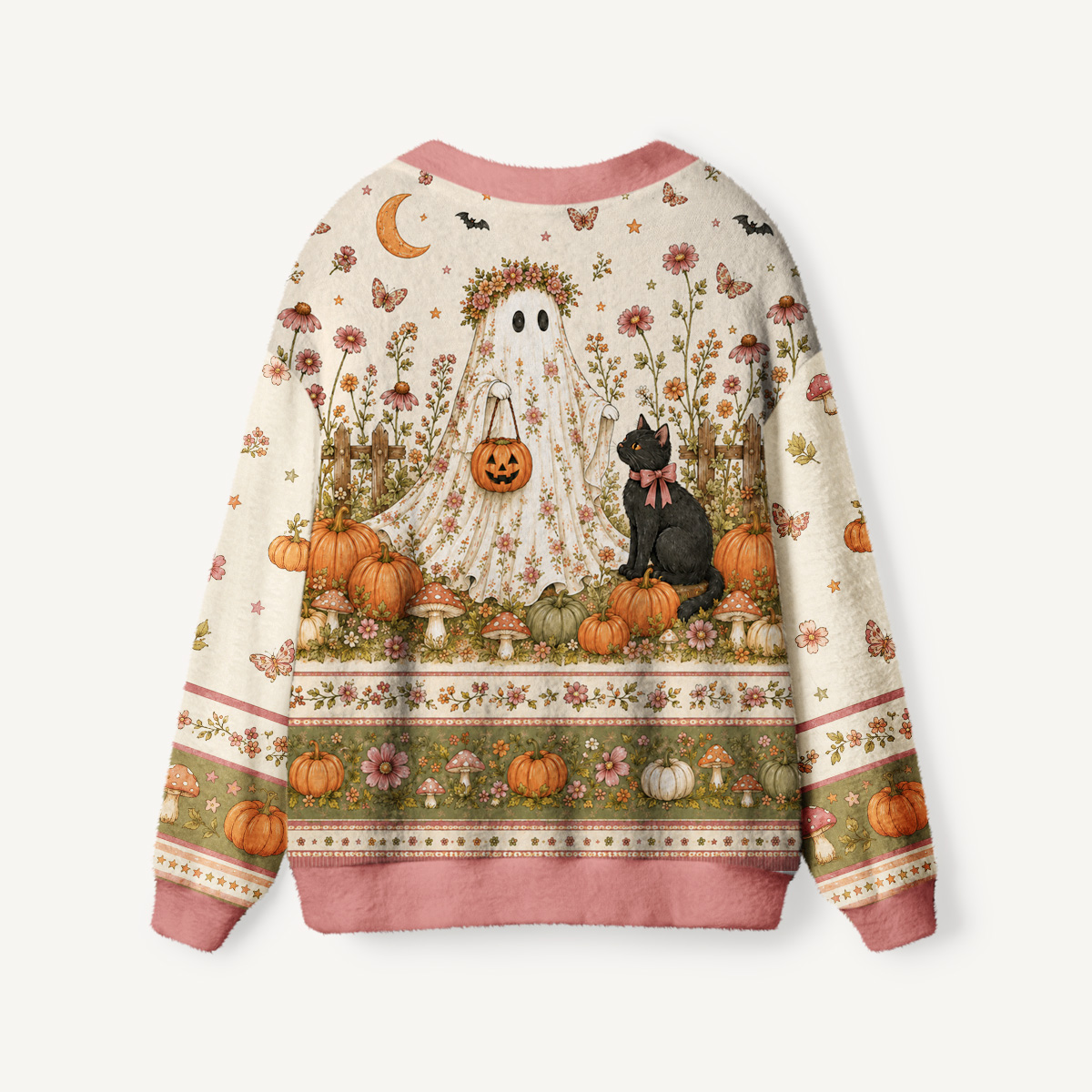 Garden Pumpkin Cat & Ghost Print Halloween Ugly Cardigan Sweaters