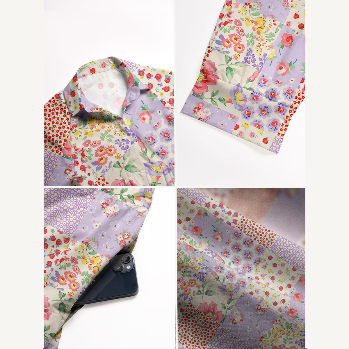 V Neck Collared Country Patchwork Floral Print Quilt Print Casual Midi Dress With Pockets