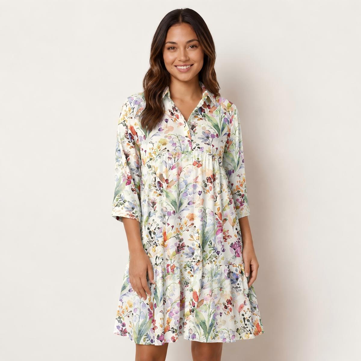 V Neck Collared Watercolor Wildflower Garden Mini Dress For Women With Pockets