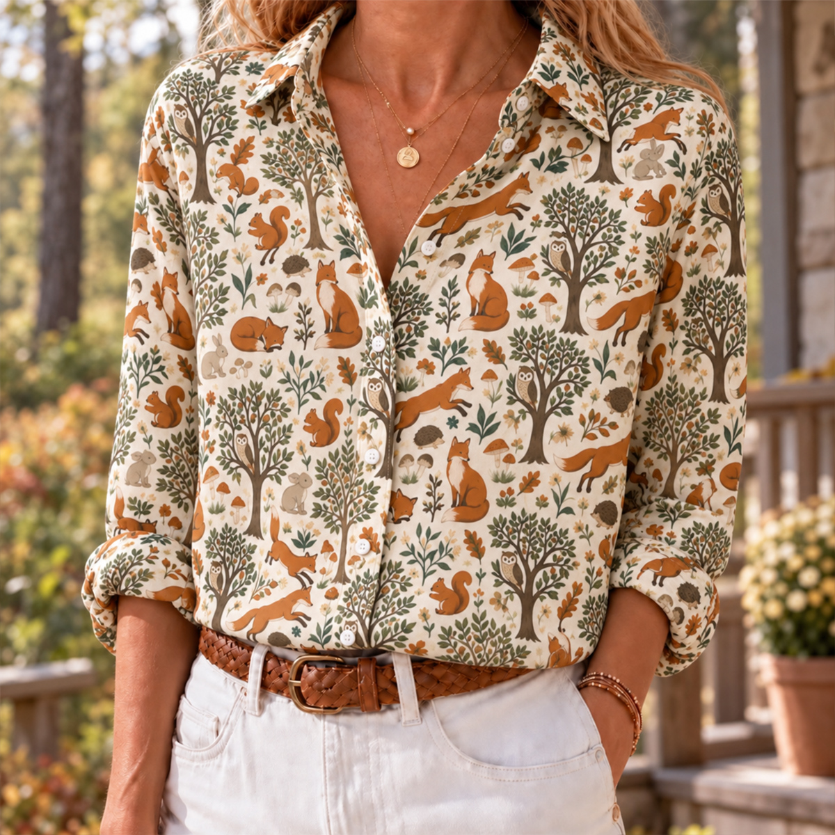 Woodland Creatures Long-Sleeve Button-Up Shirt