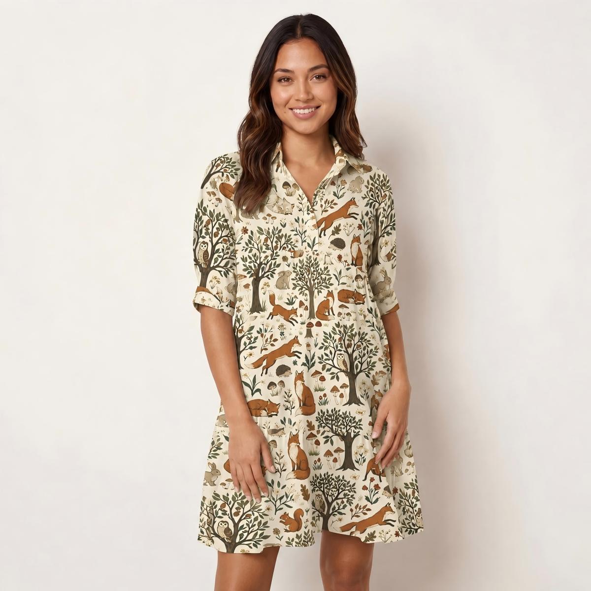 V Neck Collared Woodland Creatures Mini Dress For Women With Pockets