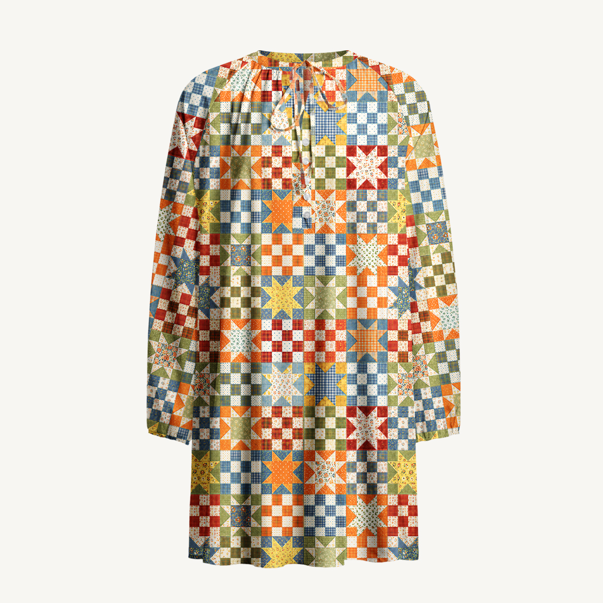 Vintage Star Quilt Patchwork Print Boho Tie‑Neck Smock Mini Dress