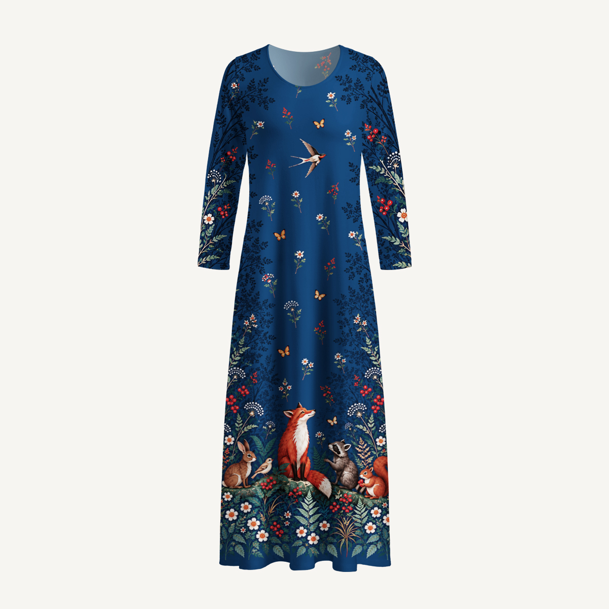 Midnight Woodland Friends Print Soft-Touch Stretch Knit Long Sleeve Maxi Dress with Pockets