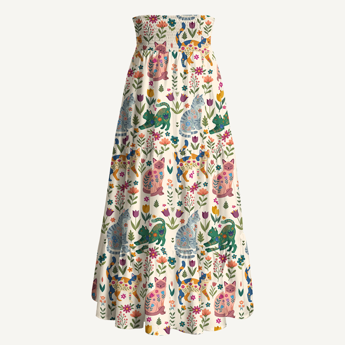 Cute Flower Cat Print Convertible Maxi Skirt & Strapless Dress  