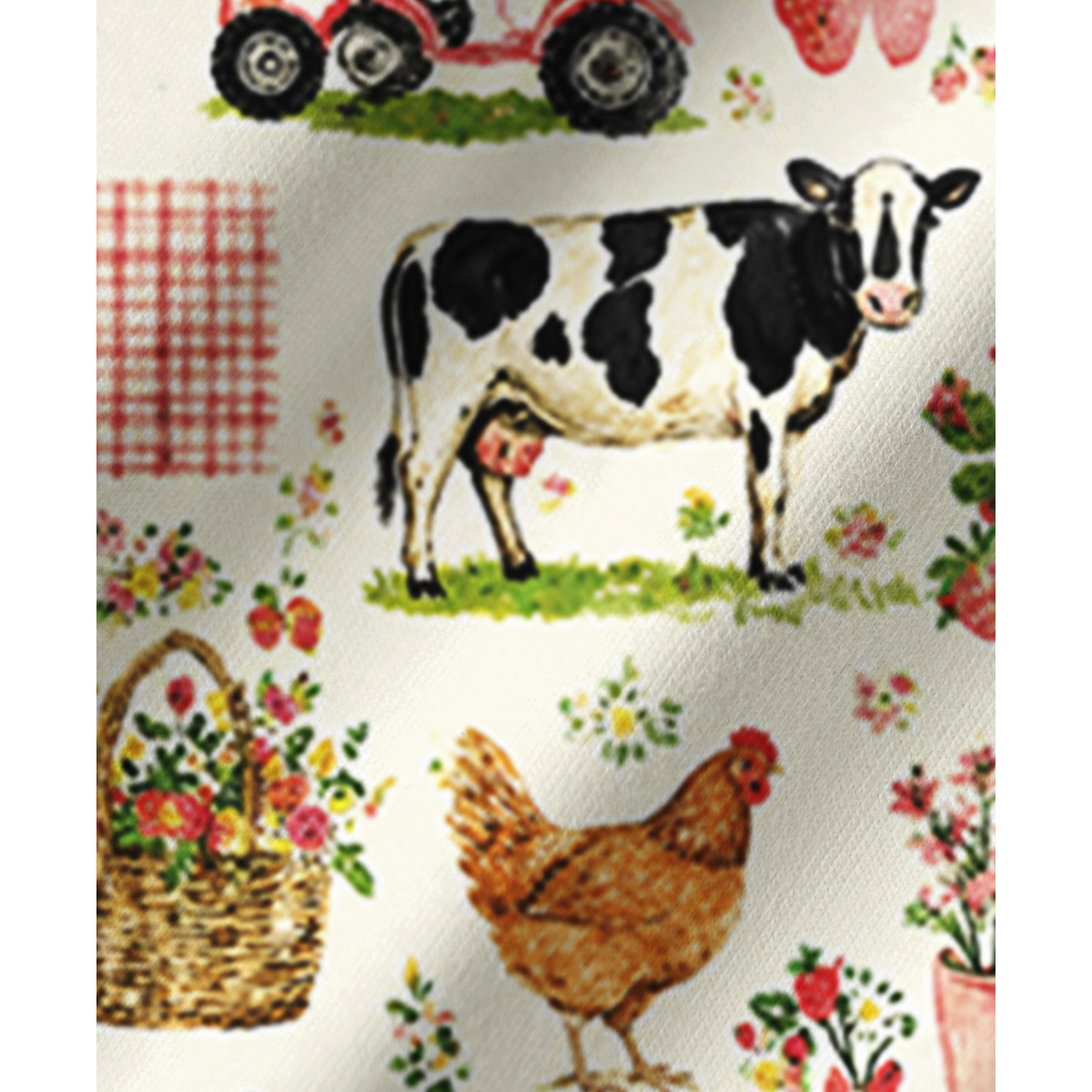 Watercolor Pink Farm Chicken Print Long Pajama Set 
