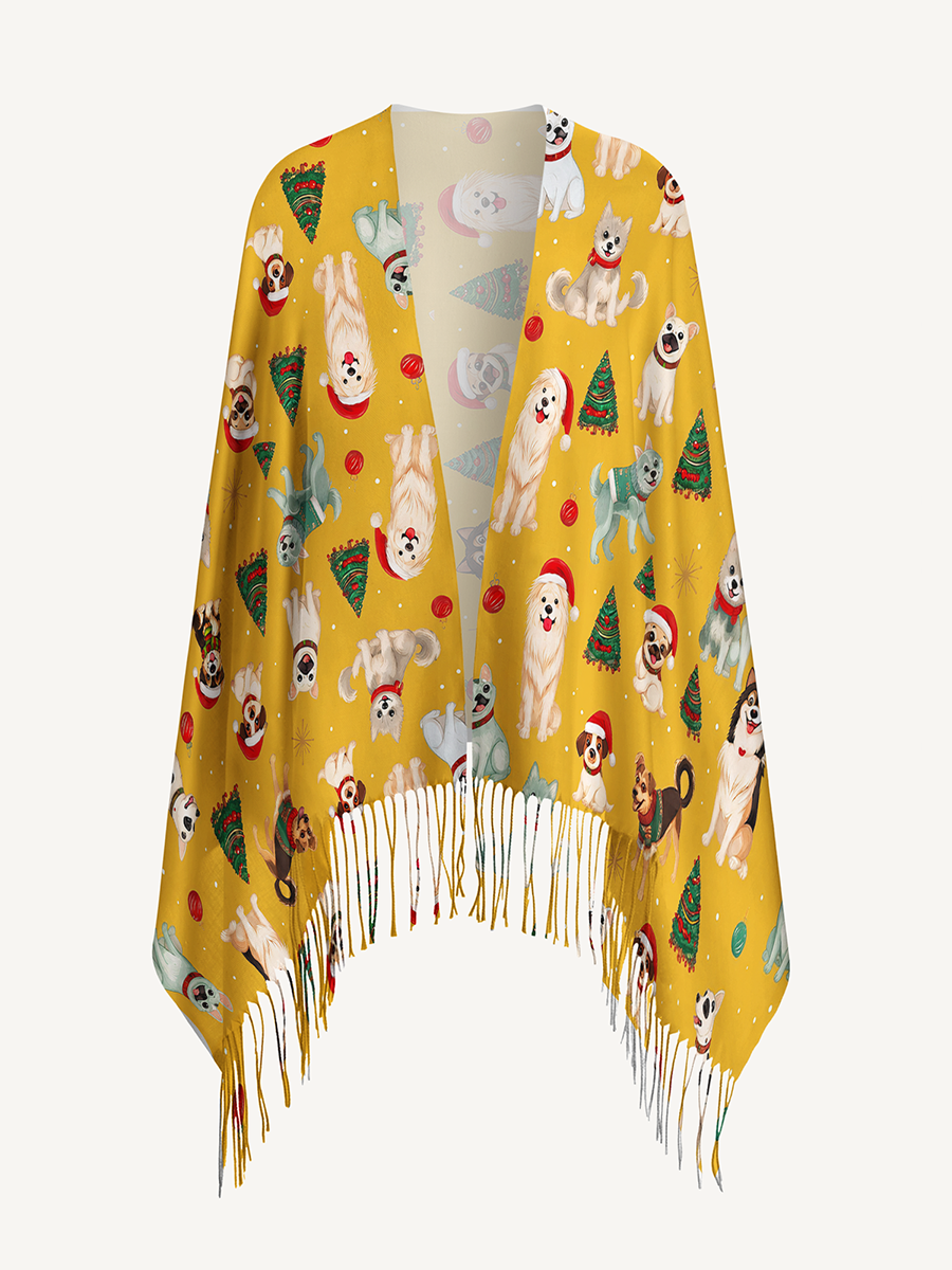 Christmas Puppies Holiday Print Cozy Fringed Scarf