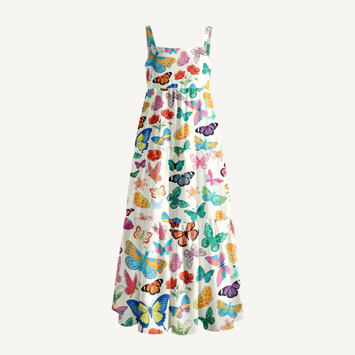 Rainbow Butterfly Garden Print Quilt Wide Straps Maxi Dress With Pockets