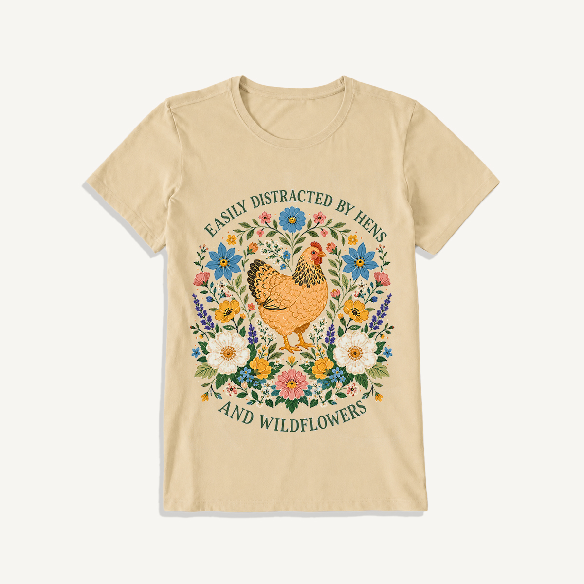Hen and Wildflowers Cottage Print Crew Neck Cotton Tee