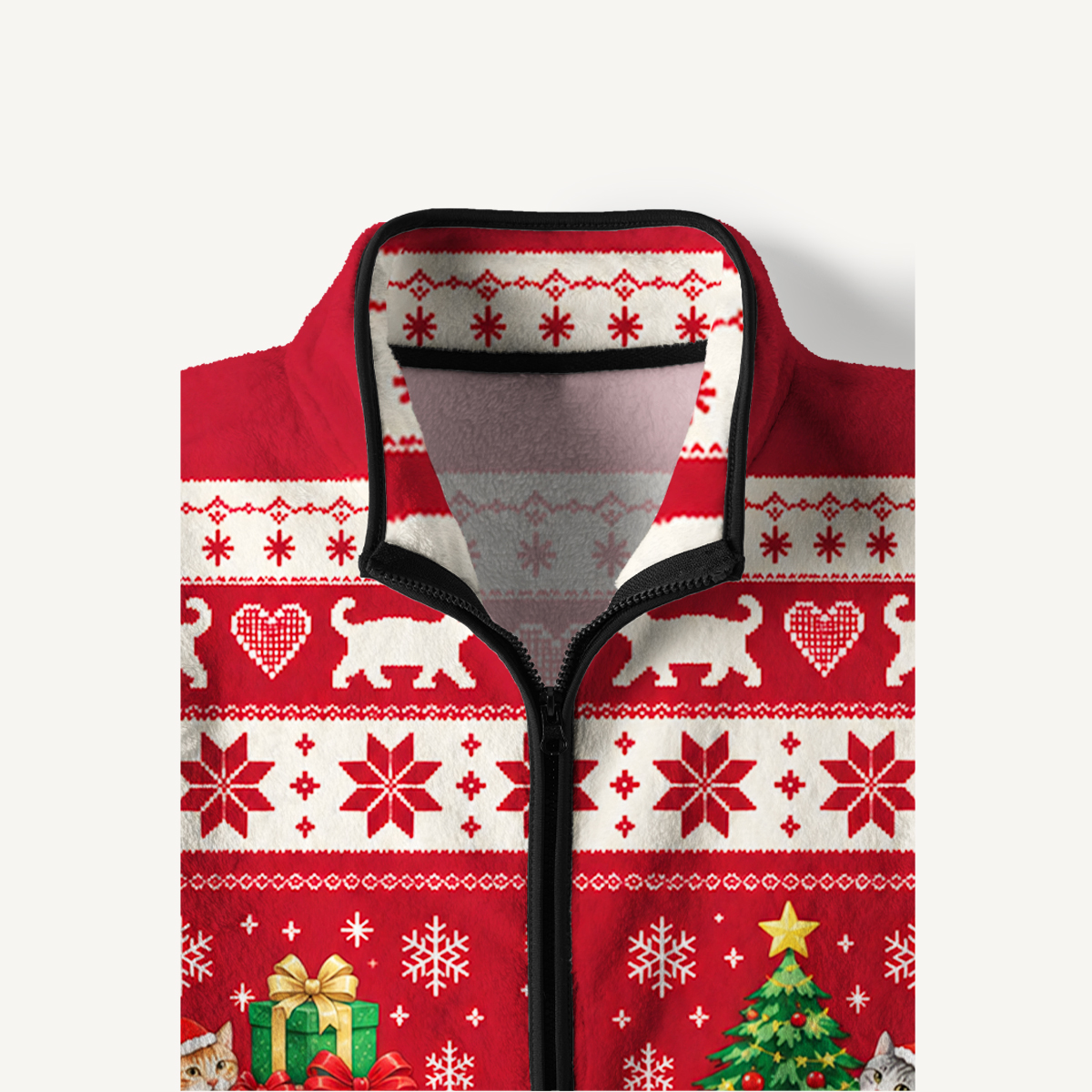 Cozy Red Cat Print Fleece Jacket