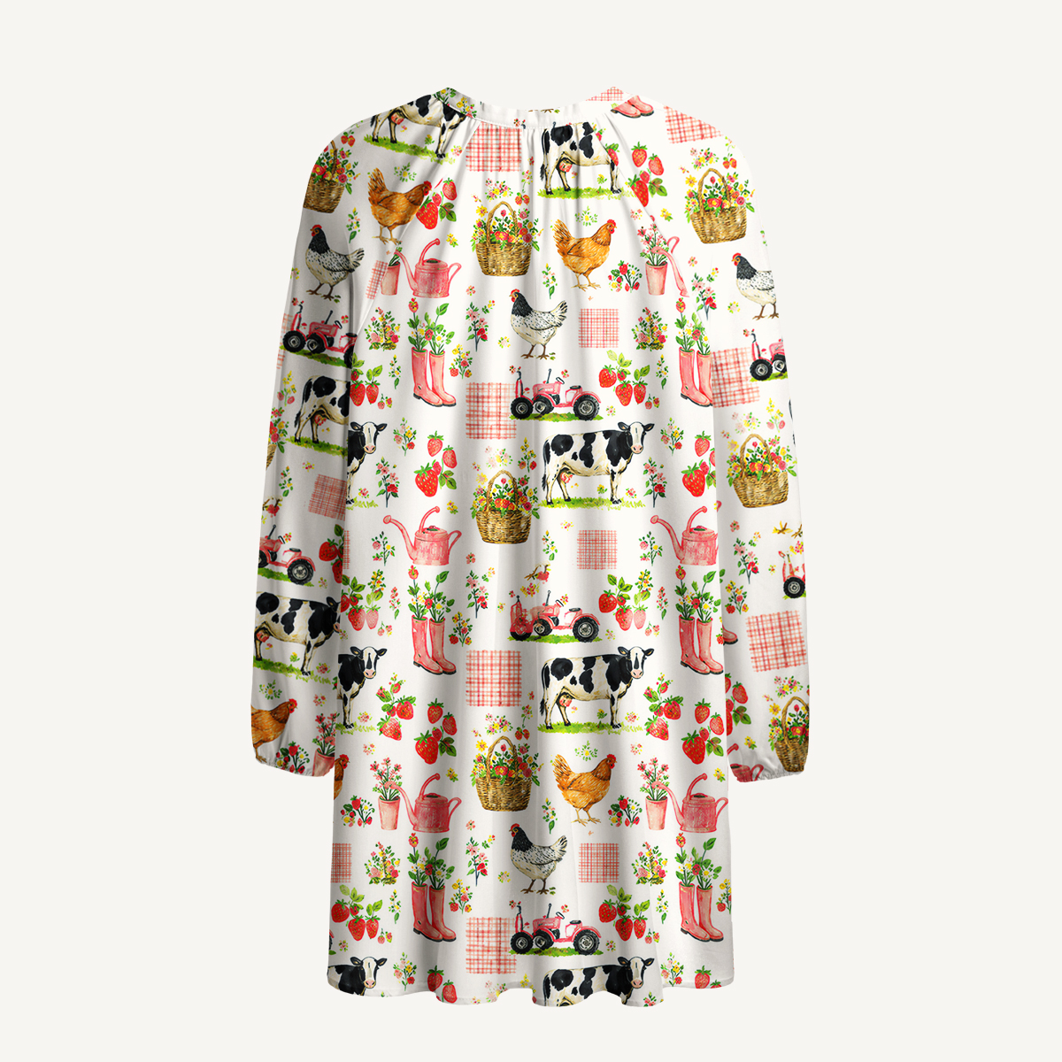 Watercolor Pink Farm Chicken Print Boho Tie‑Neck Smock Mini Dress