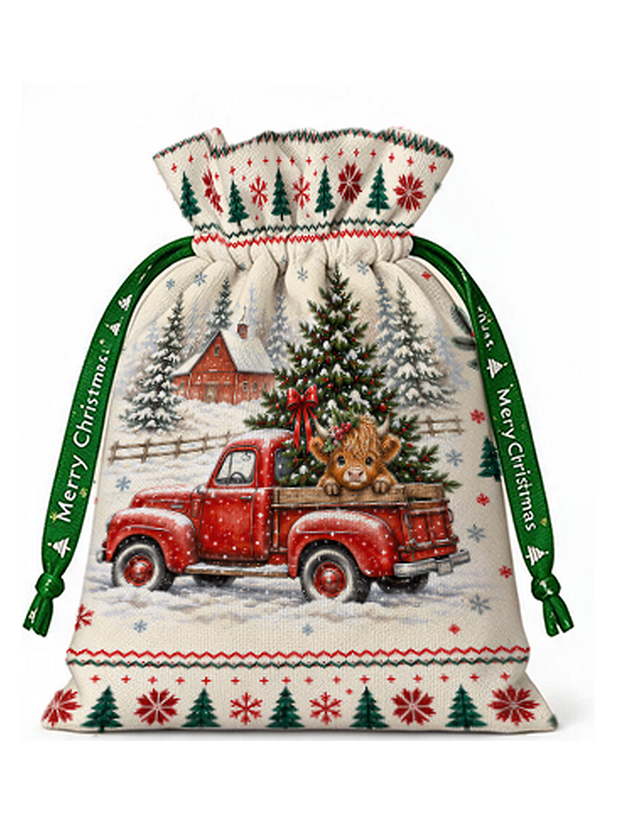 Cozy Christmas Farm Truck Cow Reusable Drawstring Gift Bag