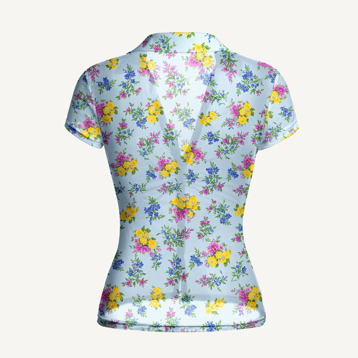 V-Neck Short Sleeve Blue Meadow Print Mesh Top