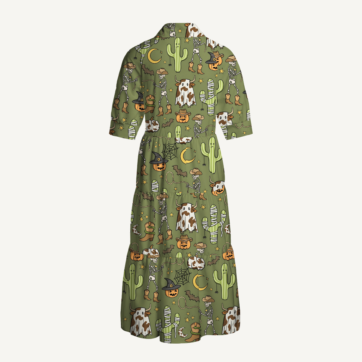 V Neck Western Halloween Skeleton & Cactus Print Casual Midi Dress With Pockets