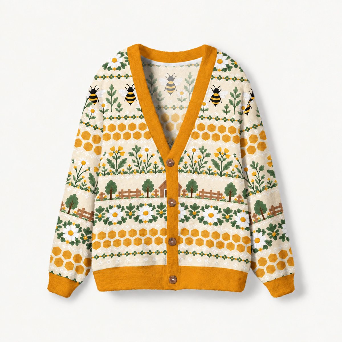 Honeybee Meadow Print Cardigan Sweaters