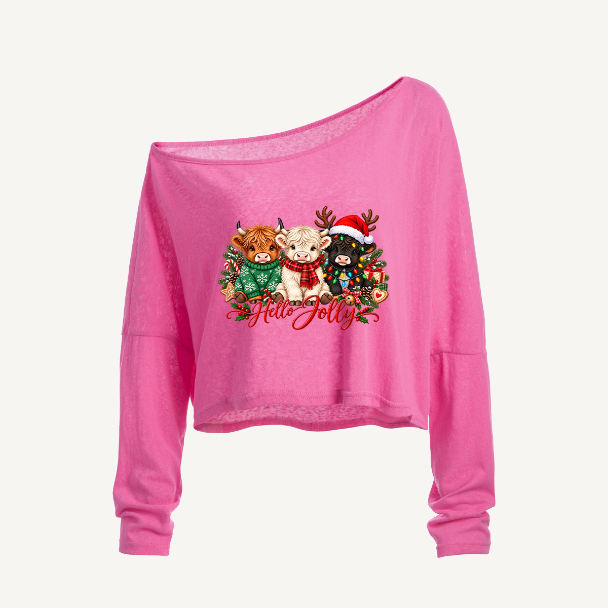 Hello Jolly Highland Calves Long Sleeve Off Shoulder T-shirt