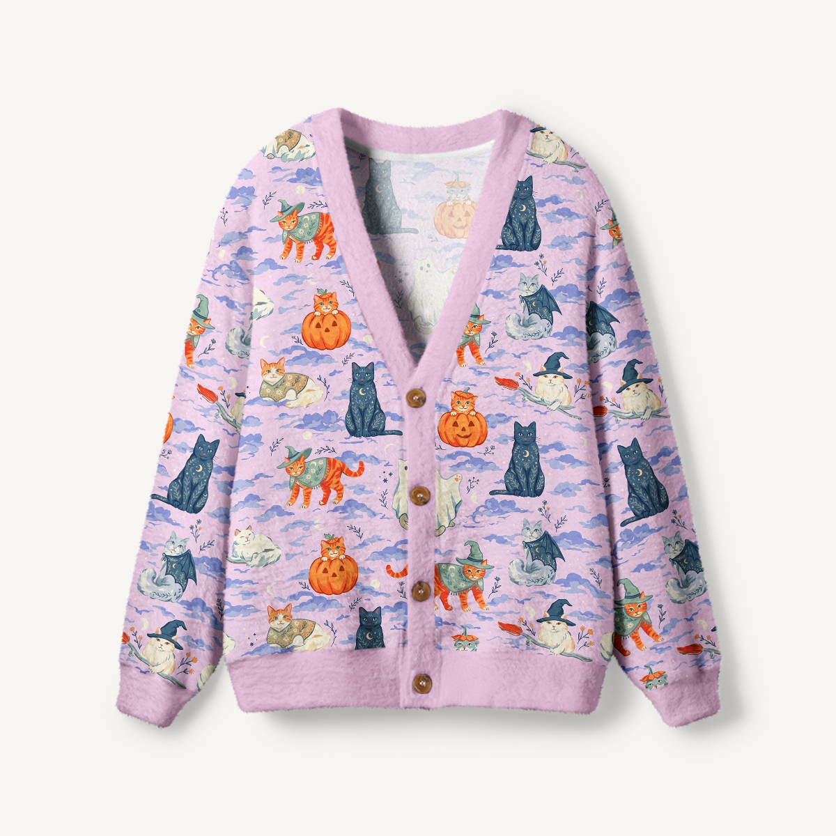 Enchanted Halloween Cat Print Ugly Cardigan Sweaters