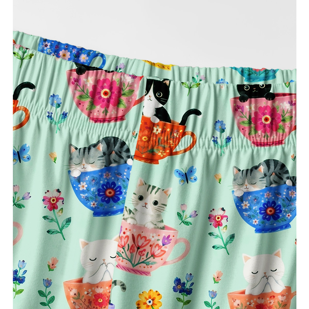 Cute Teacup Kitten Print Long Pajama Set 