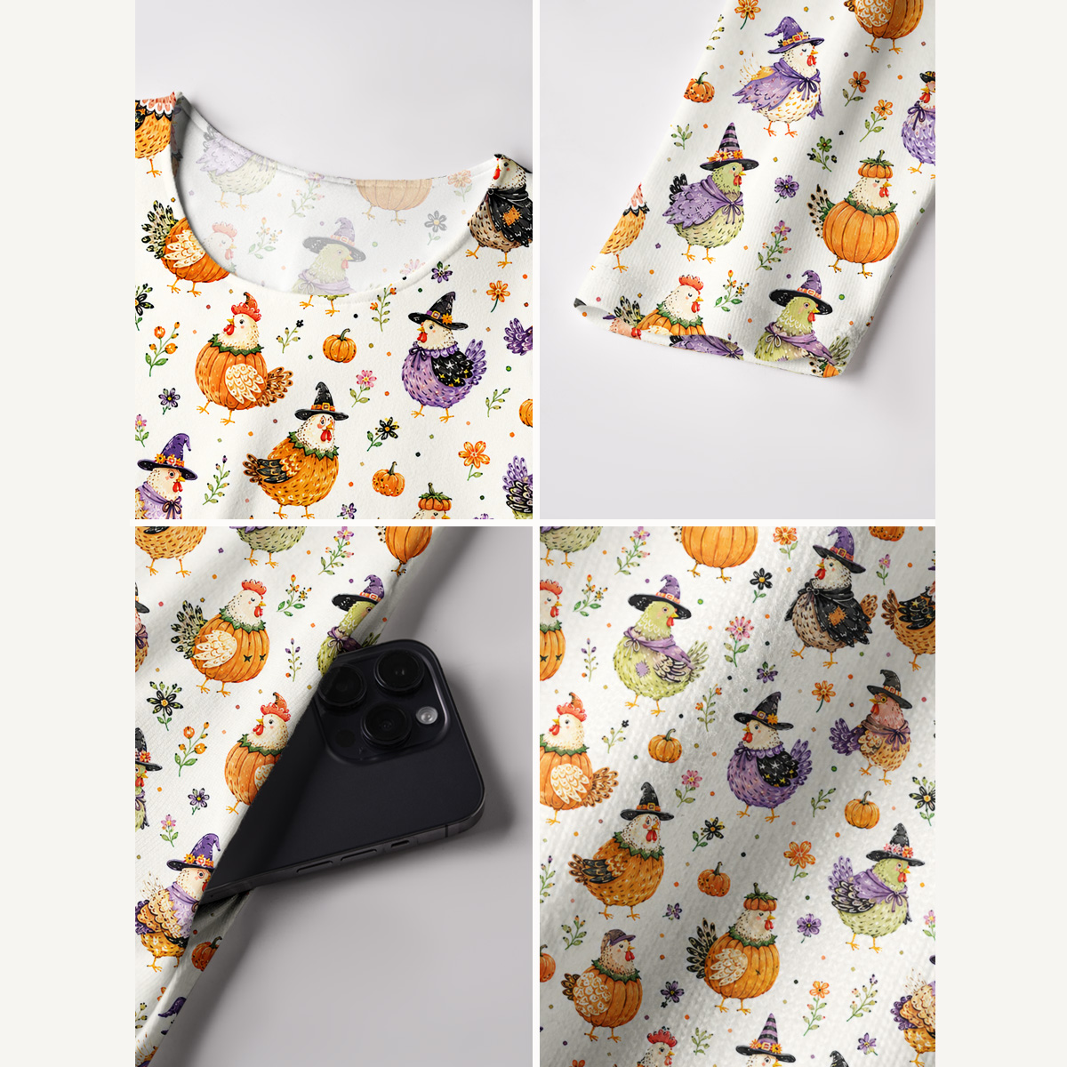 Cute Whimsical Chicken Colorful Print Soft-Touch Stretch Knit Long Sleeve Maxi Dress with Pockets