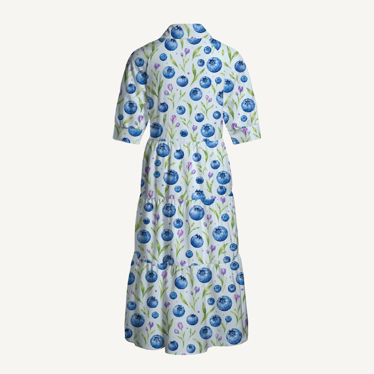 V Neck Collared Blueberry Blossom Pattern Print Casual Midi Dress With Pockets