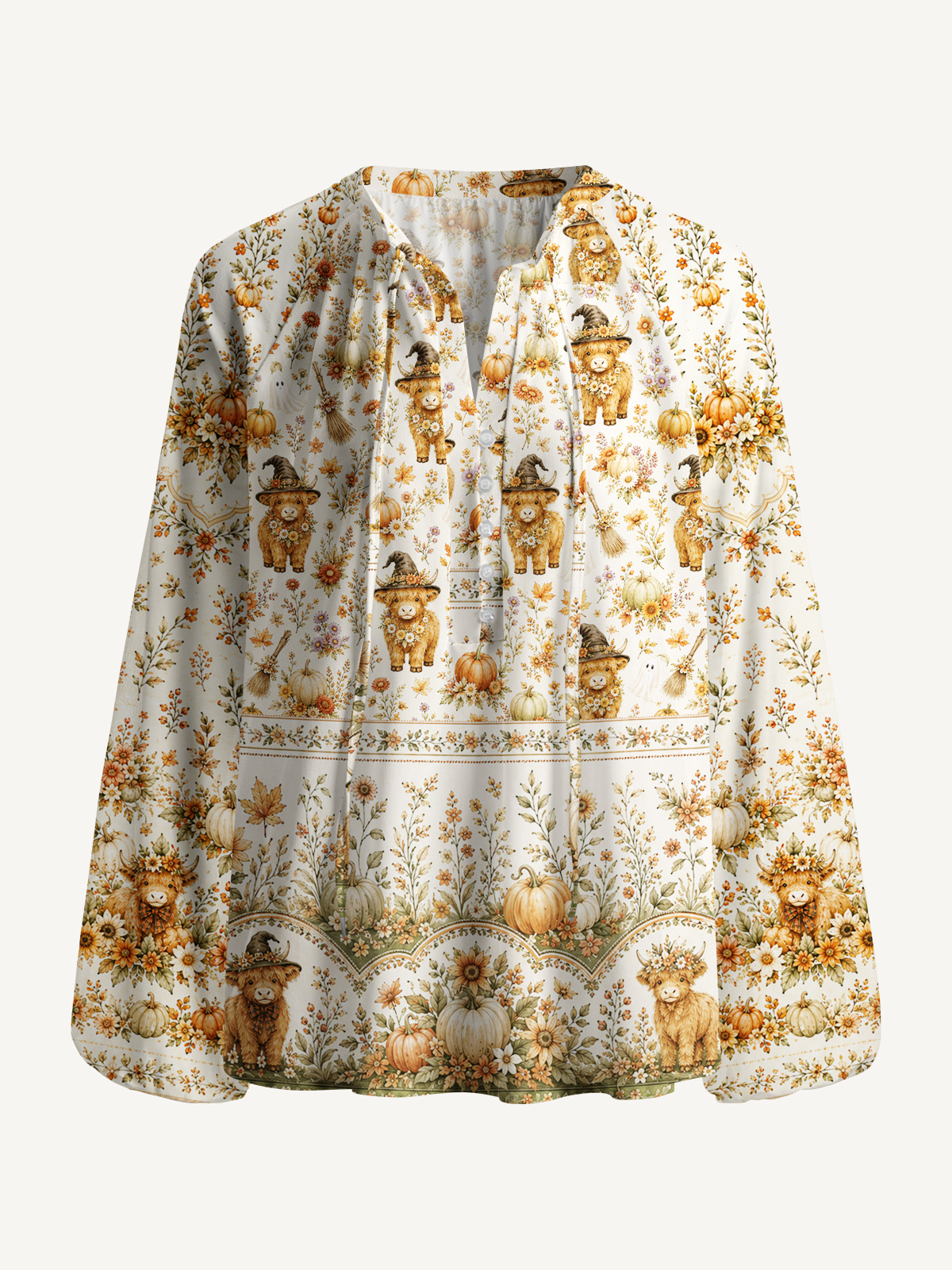 Autumn Pumpkin Patch Highland Cow Print Boho Long Sleeve Tie‑Neck Blouse