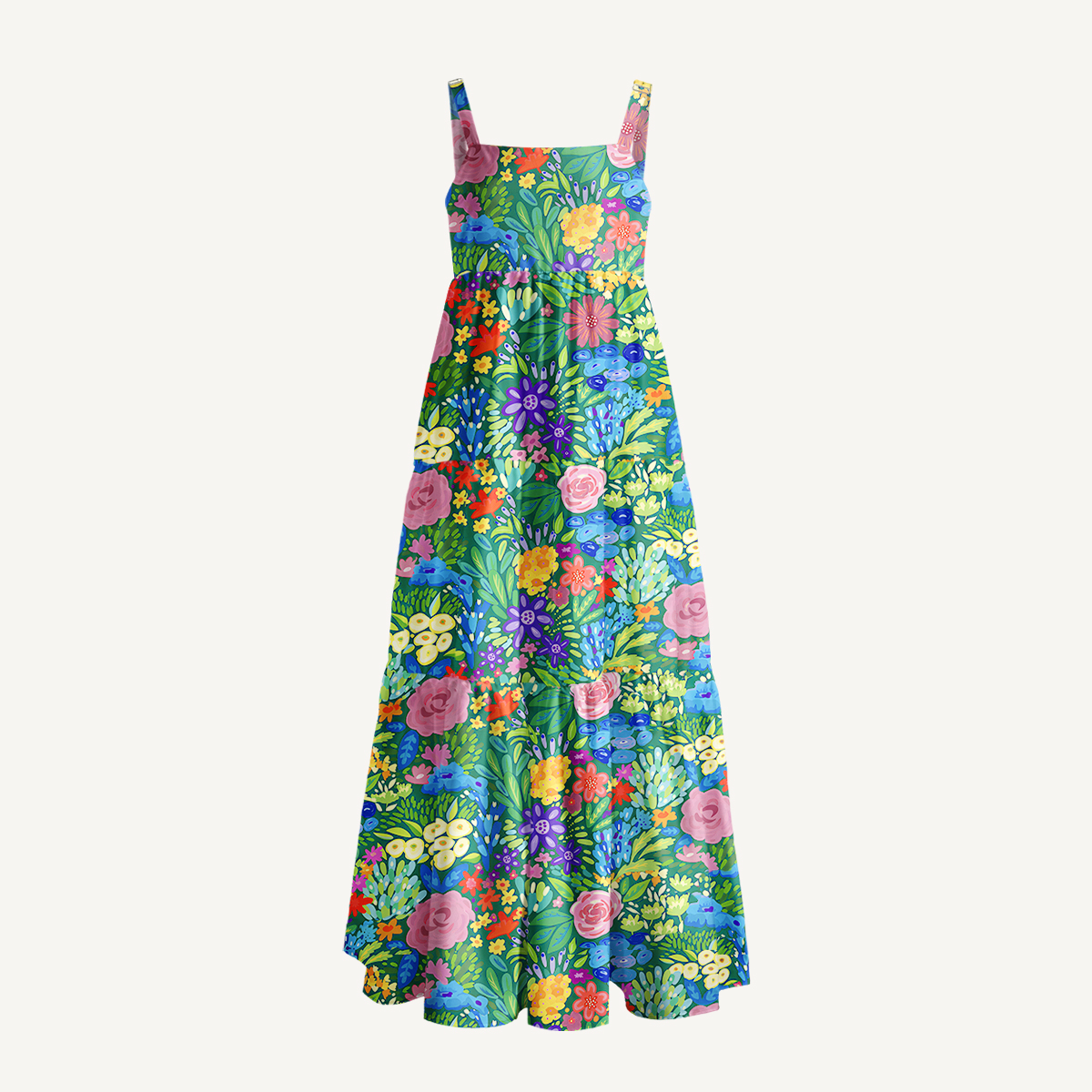  Floral Rainbows Print Wide Straps Maxi Dress With Pockets