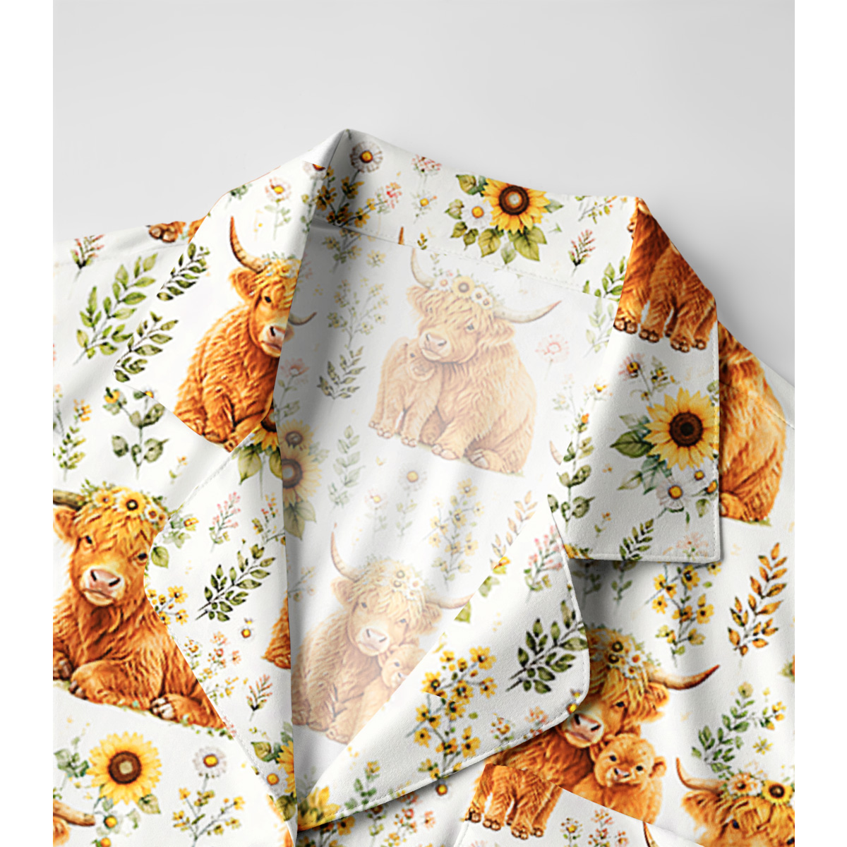 Spring Highland Cow Floral Print Long Pajama Set 