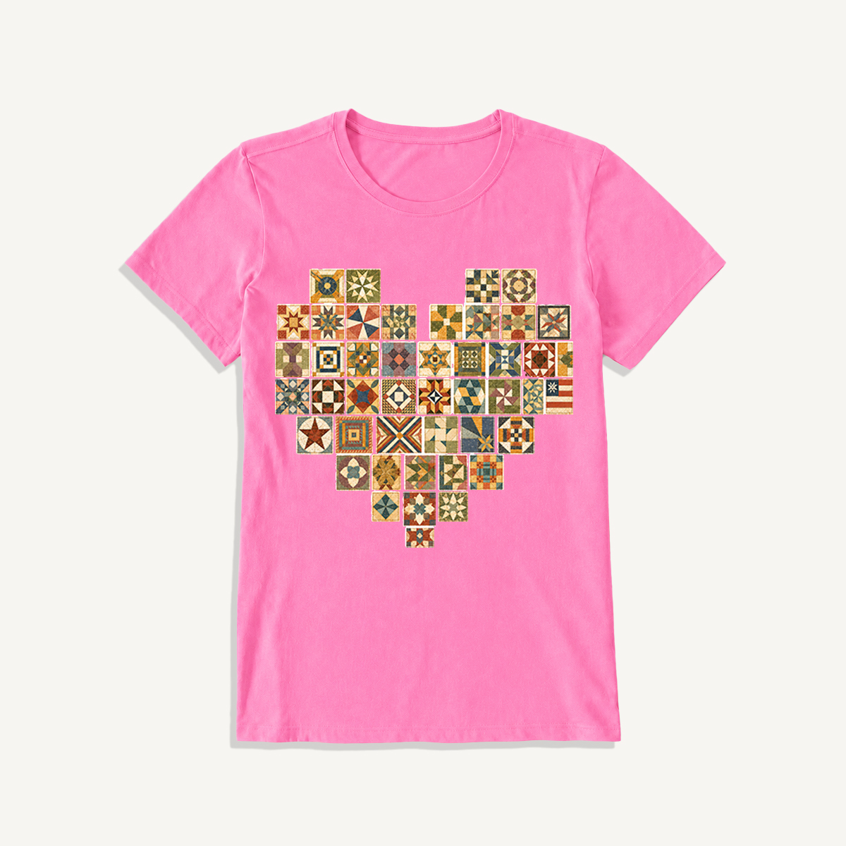 Vintage Quilt Block Heart Print Crew Neck Cotton Tee