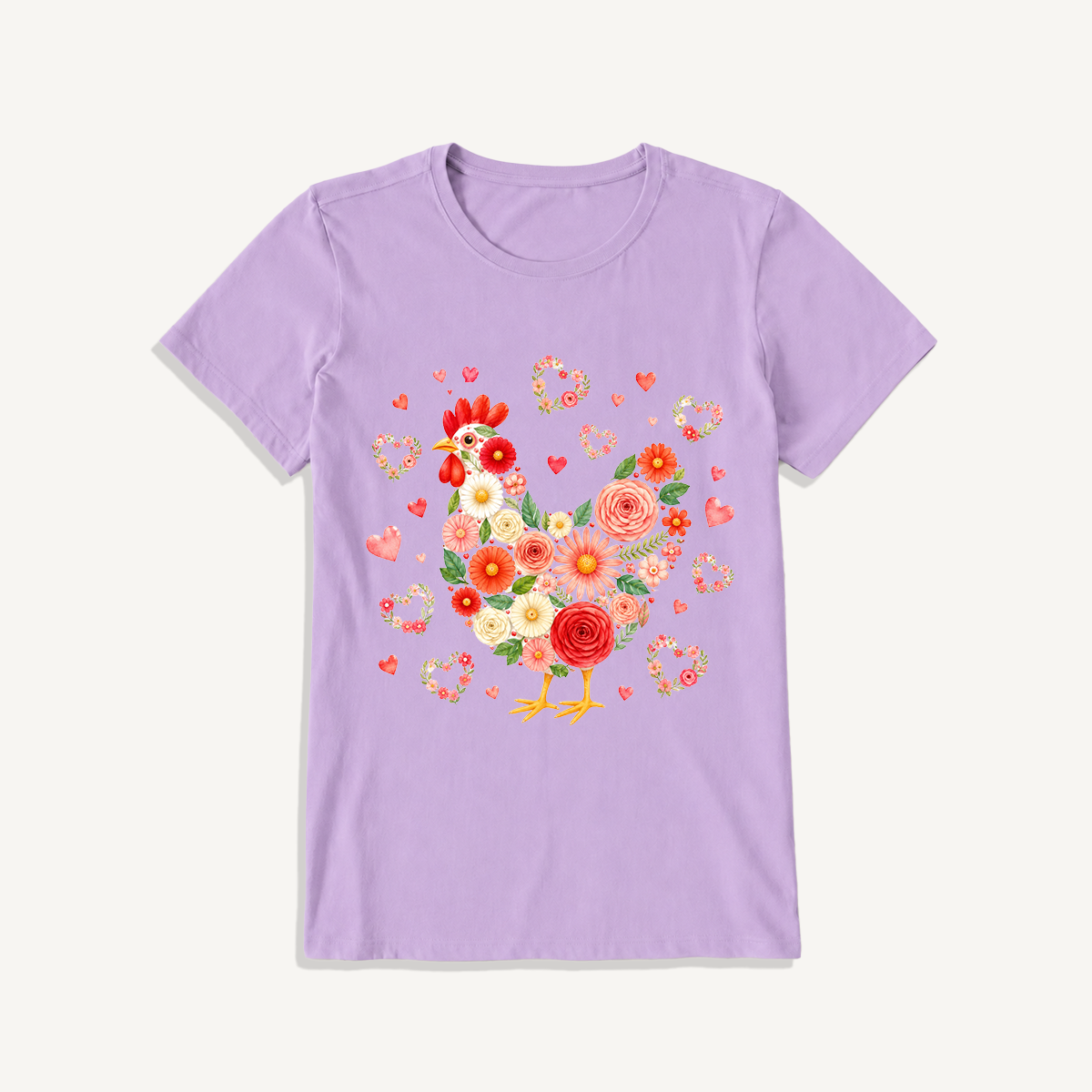 Blooms Floral Chicken Print Crew Neck Cotton Tee