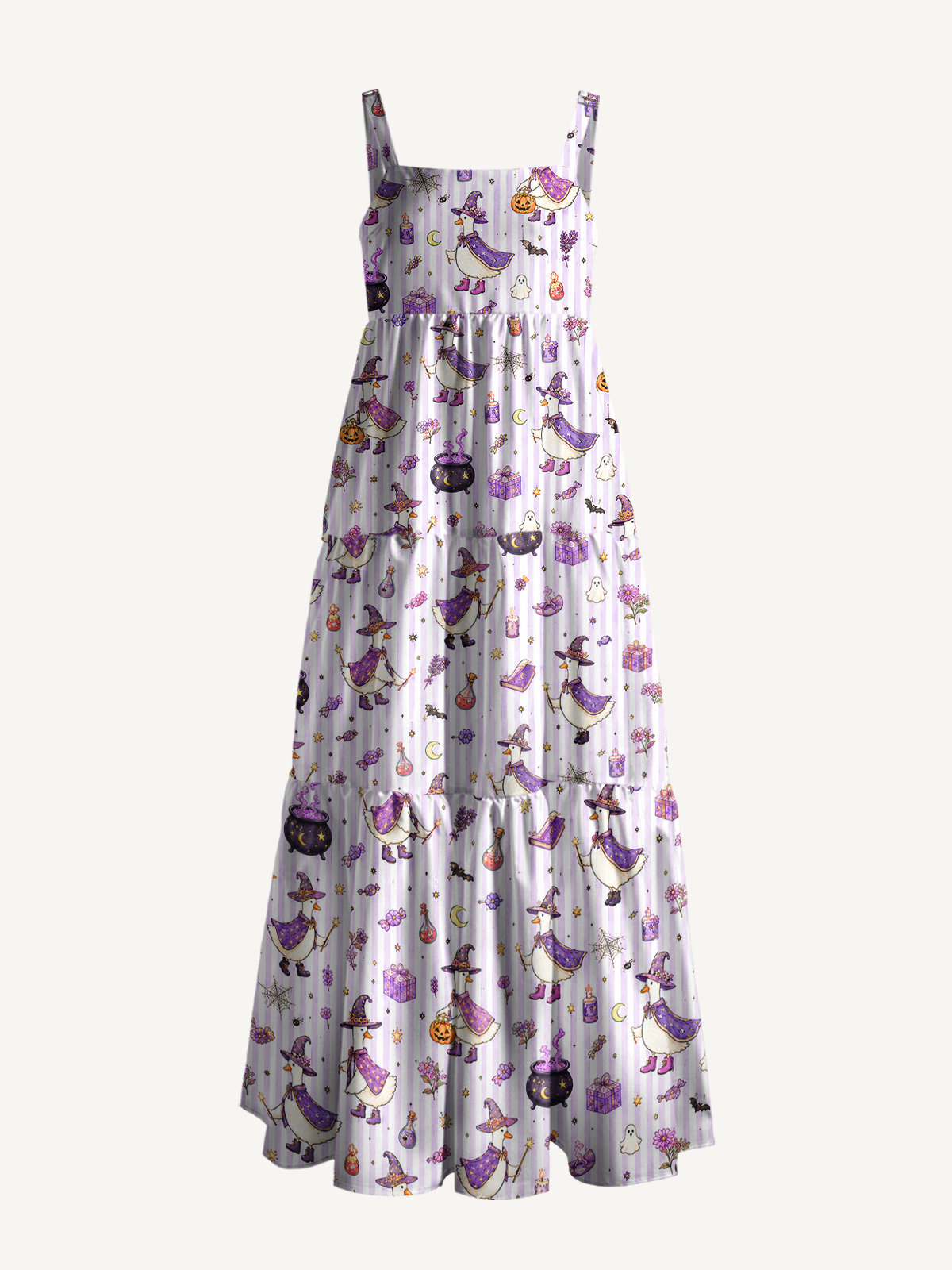 Halloween Witch Gooses Print Wide Straps Maxi Dress With Pockets