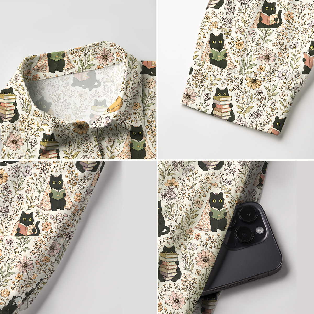 V Neck Collared Books Blooms and Black Cats Mini Dress For Women With Pockets