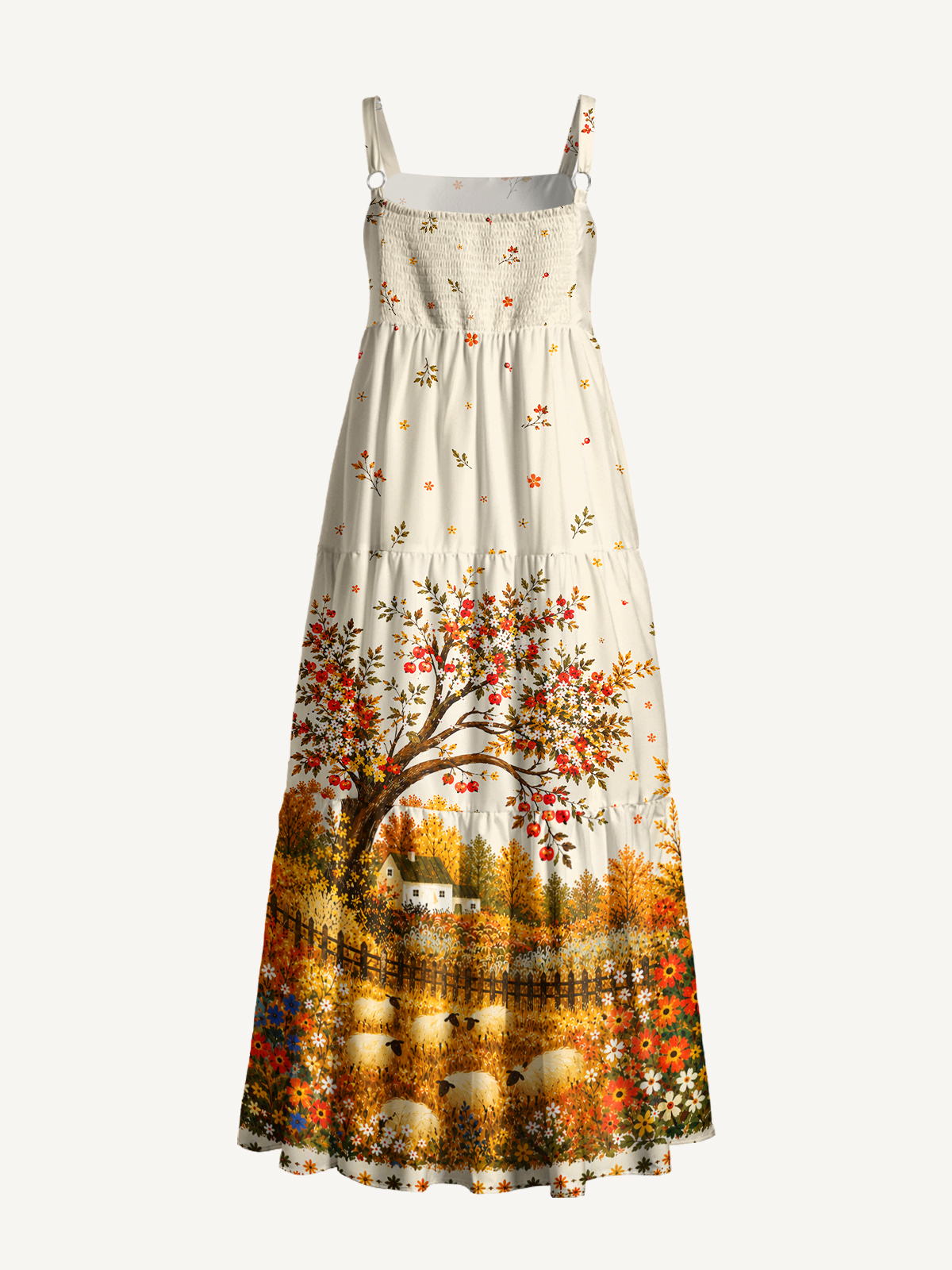 Golden Orchard Sheep Print Wide Straps Maxi Dress With Pockets