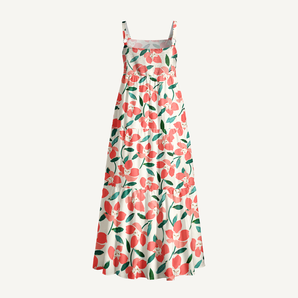 Coral Blossom Print Wide Straps Maxi Dress With Pockets