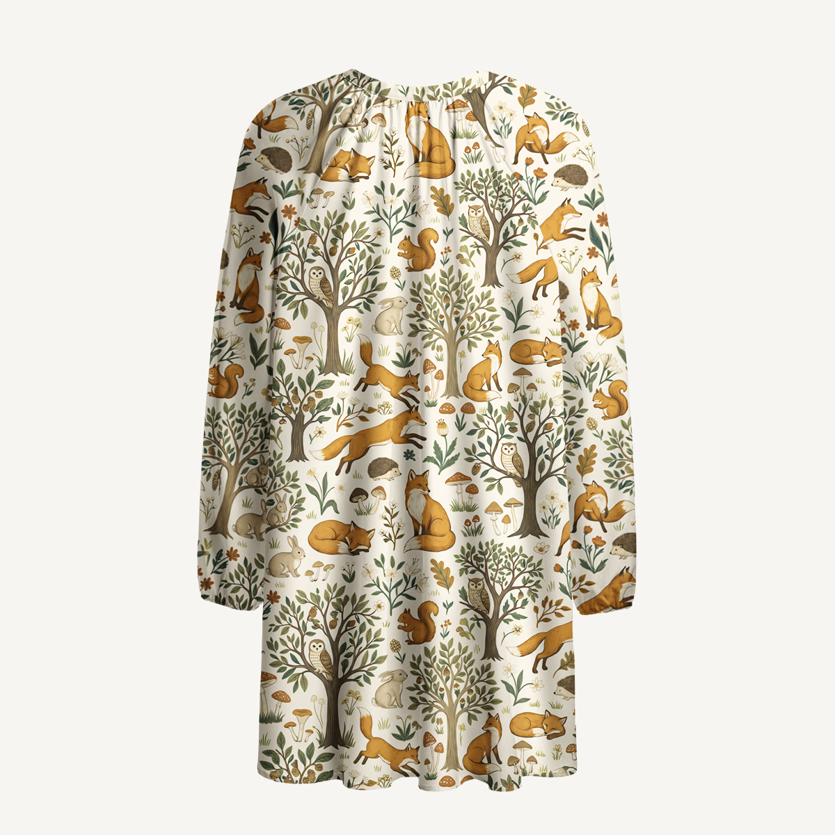 Woodland Creatures Print Boho Tie‑Neck Smock Mini Dress