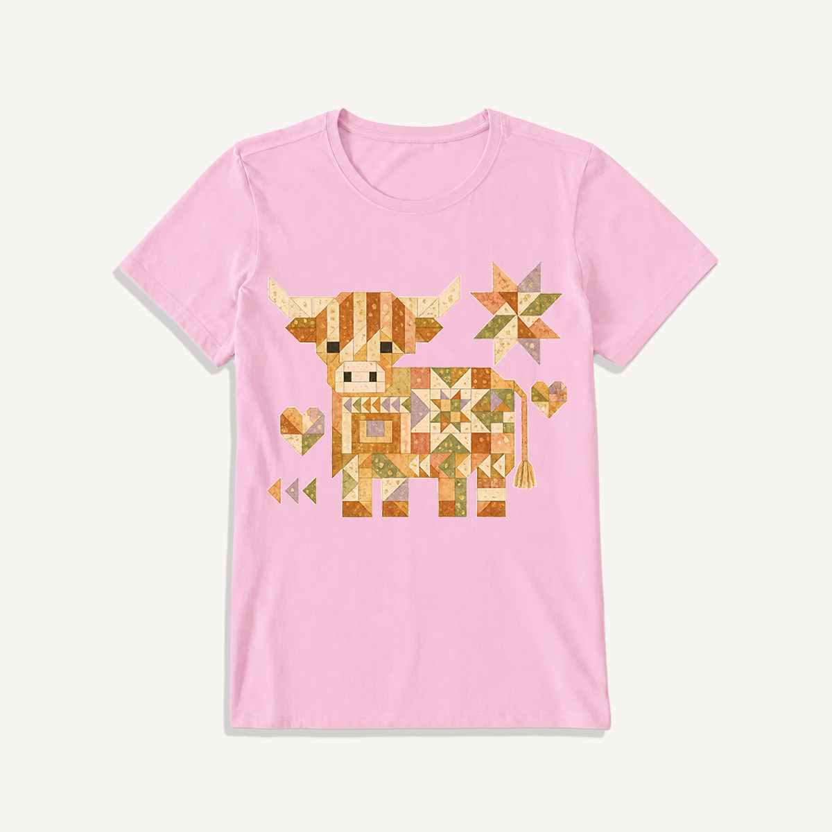 Highland Cow Quilt Art Print Crew Neck Cotton Tee