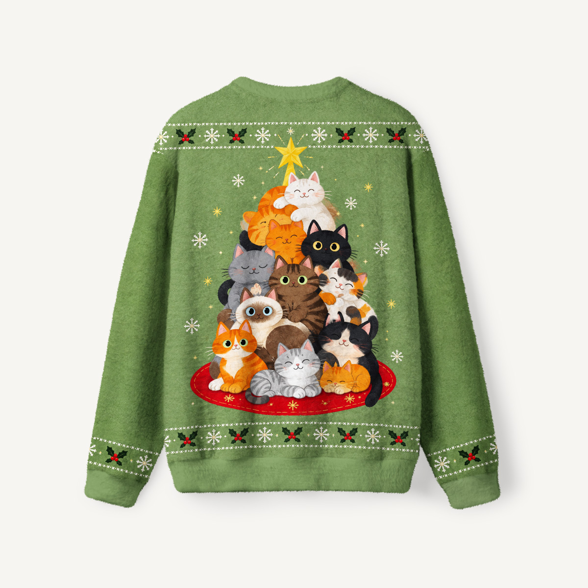 Jolly Cat Christmas Tree Fuzzy Crewneck Sweater