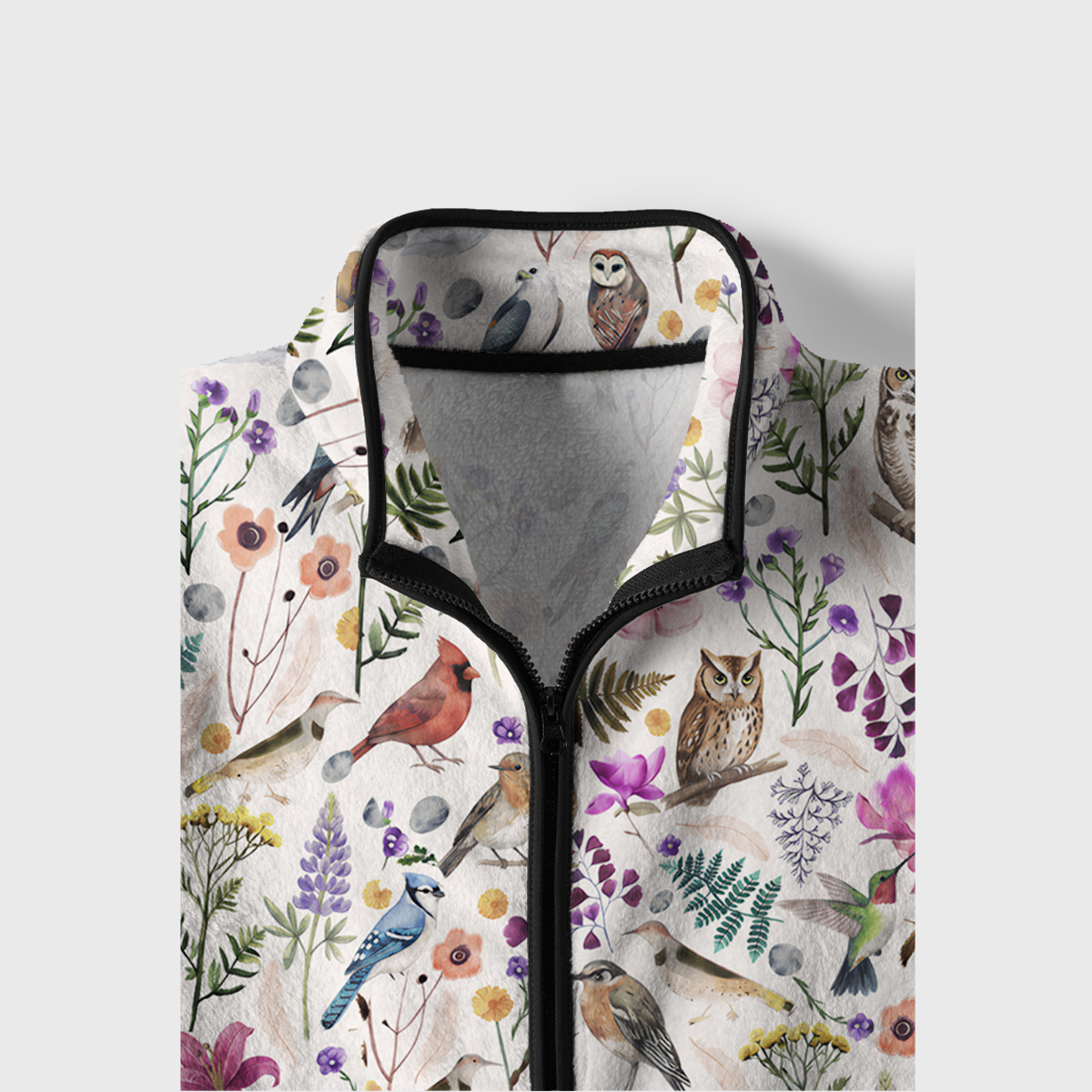 Whimsical Woodland Birds Wildflowers Print Fleece Jacket