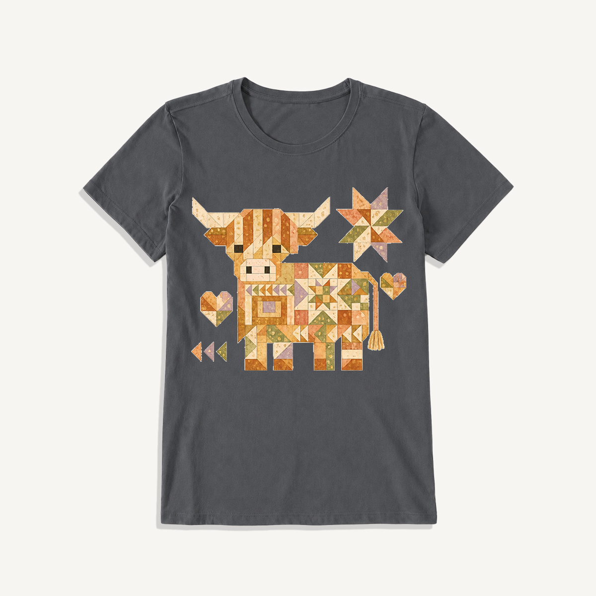 Highland Cow Quilt Art Print Crew Neck Cotton Tee