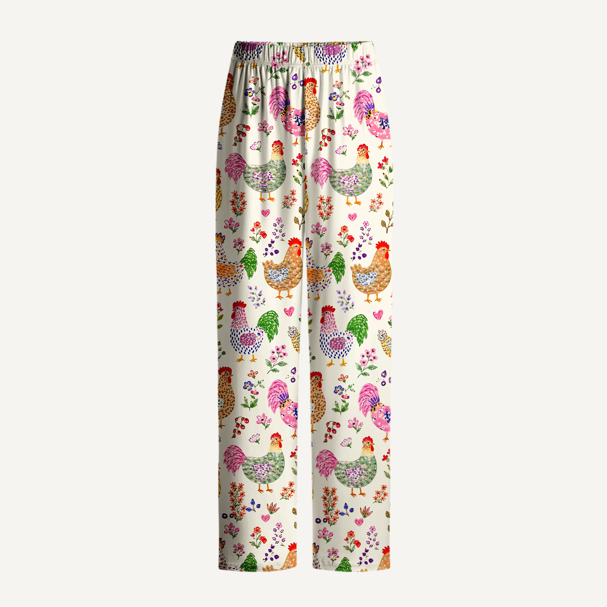 Colorful Farm Chickens Print Long Pajama Set 