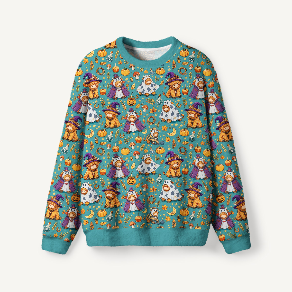 Halloween Highland Cow Party Fuzzy Crewneck Sweater
