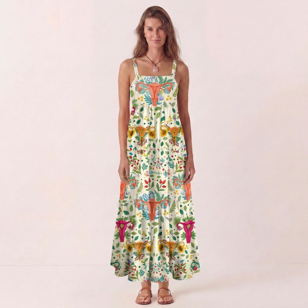 Flower Uterus Printed Wide Straps Maxi Dress With Pockets