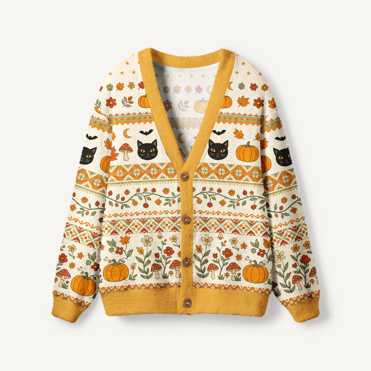 Autumn Fair Isle Pumpkin & Black Cat Print Halloween Ugly Cardigan Sweaters
