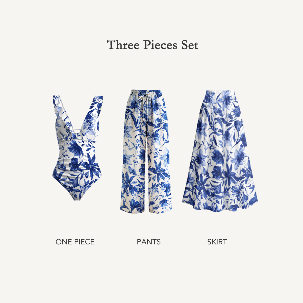 Blue Willow Bloom Ruffle One‑Piece Swimsuits Three Pieces Sets